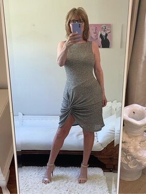 POP TAUPE SLEEVELESS RIBBED KNIT DRESS DROP WAIST METALLIC POLKA DOTS KNOTTED